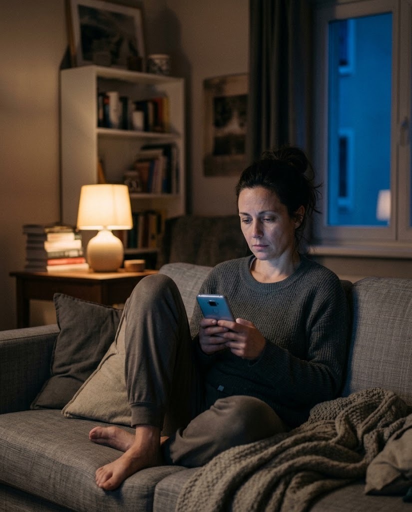 Žena navečer na kauču gleda u mobitel