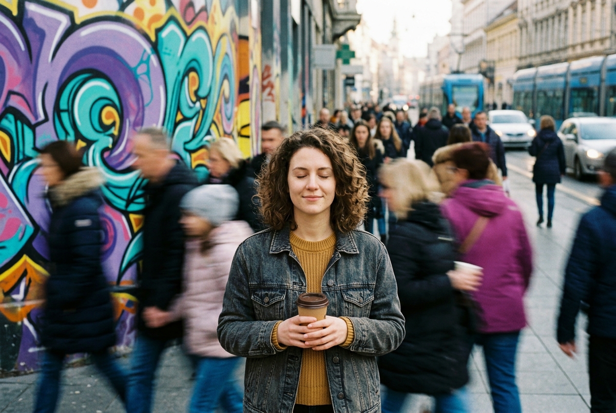 Žena stoji mirno ispred šarenog grafita dok ljudi oko nje žure ulicom