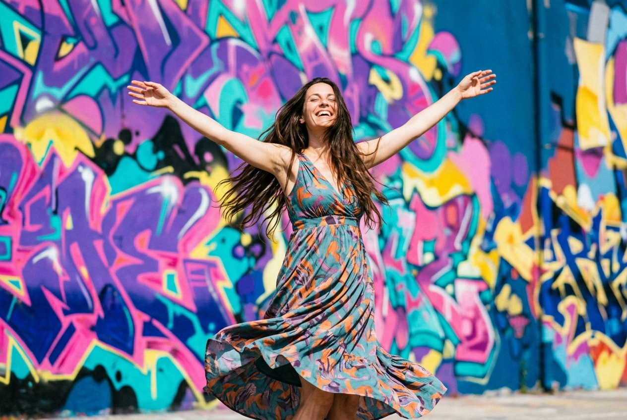 Žena se smije i vrti ispred živopisnog grafita